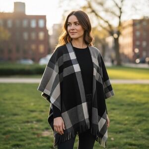 Rachel Rachel Roy Women Black Grey Plaid Fringe Open Front Poncho Wrap One Size